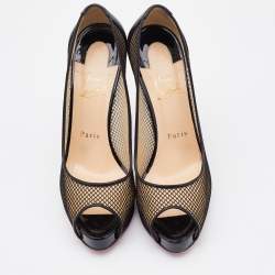 Pre Owned Christian Louboutin Black Mesh and Leather Fetilo Platform Pumps Size 38