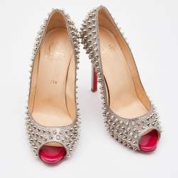 Pre Owned Christian Louboutin Metallic Silver Glitter Spike Peep Toe Pumps Size 38