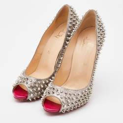 Pre Owned Christian Louboutin Metallic Silver Glitter Spike Peep Toe Pumps Size 38