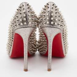 Pre Owned Christian Louboutin Metallic Silver Glitter Spike Peep Toe Pumps Size 38