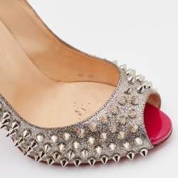 Pre Owned Christian Louboutin Metallic Silver Glitter Spike Peep Toe Pumps Size 38