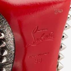 Pre Owned Christian Louboutin Metallic Silver Glitter Spike Peep Toe Pumps Size 38