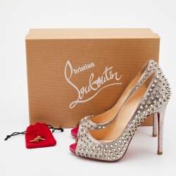 Pre Owned Christian Louboutin Metallic Silver Glitter Spike Peep Toe Pumps Size 38