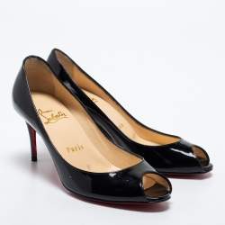 Pre Owned Christian Louboutin Black Patent Leather Flo Peep Toe Pumps Size 35