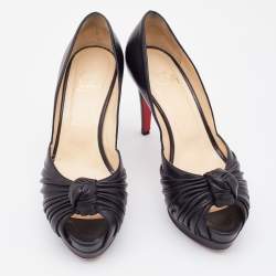 Pre Owned Christian Louboutin Black Leather Jenny Knot Peep Toe Platform Pumps Size 37.5