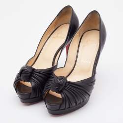 Pre Owned Christian Louboutin Black Leather Jenny Knot Peep Toe Platform Pumps Size 37.5