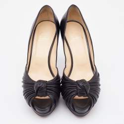 Pre Owned Christian Louboutin Black Leather Jenny Knot Peep Toe Platform Pumps Size 37.5