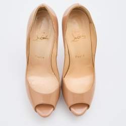 Pre Owned Christian Louboutin Beige Patent Leather Lady Peep Toe Platform Pumps Size 38