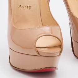 Pre Owned Christian Louboutin Beige Patent Leather Lady Peep Toe Platform Pumps Size 38