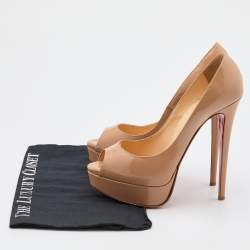 Pre Owned Christian Louboutin Beige Patent Leather Lady Peep Toe Platform Pumps Size 38