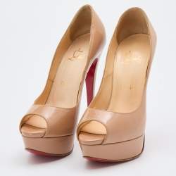 Pre Owned Christian Louboutin Beige Patent Leather Lady Peep Toe Platform Pumps Size 38