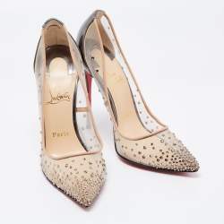 مملوكة مسبقًا Christian Louboutin Metallic Grey Leather and Mesh Follies Strass Pumps Size 38.5