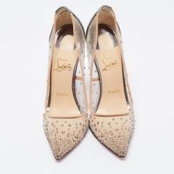 مملوكة مسبقًا Christian Louboutin Metallic Grey Leather and Mesh Follies Strass Pumps Size 38.5