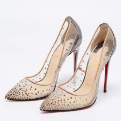 مملوكة مسبقًا Christian Louboutin Metallic Grey Leather and Mesh Follies Strass Pumps Size 38.5