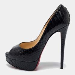 Pre Owned Christian Louboutin Black Python Leather Lady Peep Toe Platform Pumps Size 38