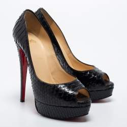 Pre Owned Christian Louboutin Black Python Leather Lady Peep Toe Platform Pumps Size 38