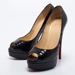 Pre Owned Christian Louboutin Black Python Leather Lady Peep Toe Platform Pumps Size 38