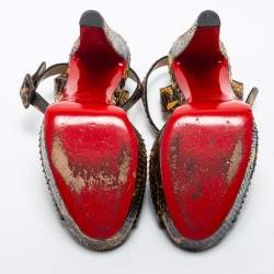 Christian Louboutin Brown/Yellow Python Leather Peep Toe Platform Ankle Strap Sandals Size 39