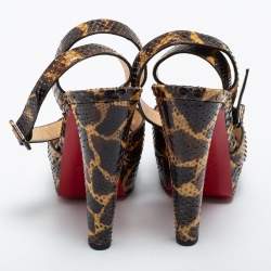 Christian Louboutin Brown/Yellow Python Leather Peep Toe Platform Ankle Strap Sandals Size 39