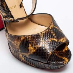 Christian Louboutin Brown/Yellow Python Leather Peep Toe Platform Ankle Strap Sandals Size 39