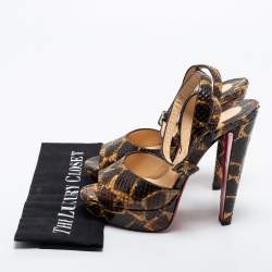 Christian Louboutin Brown/Yellow Python Leather Peep Toe Platform Ankle Strap Sandals Size 39