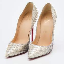 Pre Owned Christian Louboutin Silver/White Python Leather So Kate Pointed Toe Pumps Size 37
