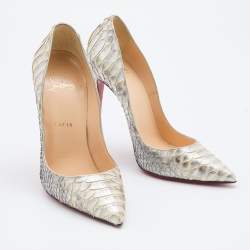Pre Owned Christian Louboutin Silver/White Python Leather So Kate Pointed Toe Pumps Size 37