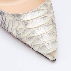 Pre Owned Christian Louboutin Silver/White Python Leather So Kate Pointed Toe Pumps Size 37