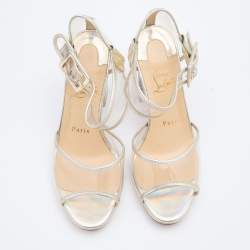 Christian Louboutin Transparent/Silver PVC and Patent Leather Barbaclara Ankle Strap Sandals Size 37