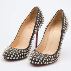 Christian Louboutin Black Leather Fifi Spike Round Toe Pumps Size 37