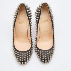 Christian Louboutin Black Leather Fifi Spike Round Toe Pumps Size 37