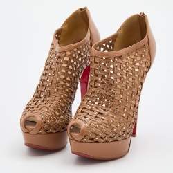 Pre Owned Christian Louboutin Brown Leather Kasha Caged Peep Toe Platform Booties Size 38