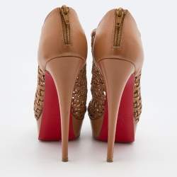 Pre Owned Christian Louboutin Brown Leather Kasha Caged Peep Toe Platform Booties Size 38