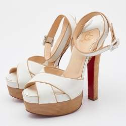 Pre Owned Christian Louboutin White Leather Criss Cross Ankle Strap Platform Sandals Size 36.5