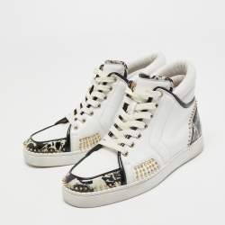 Pre Owned Christian Louboutin Tricolor Leather and Stone Print Patent Spikes High Top Sneakers Size 40