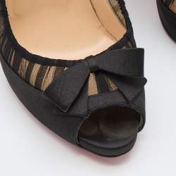 Pre Owned Christian Louboutin Black Satin and Fabric Angelique Bow Peep Toe Pumps Size 36.5