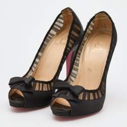Pre Owned Christian Louboutin Black Satin and Fabric Angelique Bow Peep Toe Pumps Size 36.5