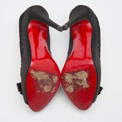 Pre Owned Christian Louboutin Black Satin and Fabric Angelique Bow Peep Toe Pumps Size 36.5