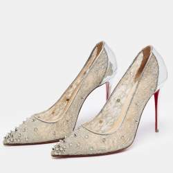 مملوكة مسبقًا Christian Louboutin Silver Lace and Leather Spike Decollete Pumps Size 40.5