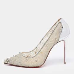 مملوكة مسبقًا Christian Louboutin Silver Lace and Leather Spike Decollete Pumps Size 40.5