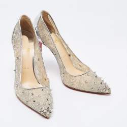 مملوكة مسبقًا Christian Louboutin Silver Lace and Leather Spike Decollete Pumps Size 40.5