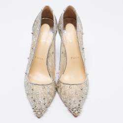مملوكة مسبقًا Christian Louboutin Silver Lace and Leather Spike Decollete Pumps Size 40.5