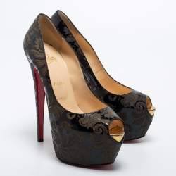 Pre Owned Christian Louboutin Black Patent Leather Highness Arabesque Peep Toe Pumps Size 39