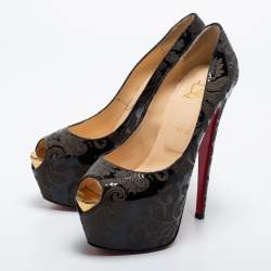 Pre Owned Christian Louboutin Black Patent Leather Highness Arabesque Peep Toe Pumps Size 39