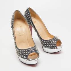 Pre Owned Christian Louboutin Two Tone Lurex Fabric Lady Peep Spikes Pumps Size 40.5