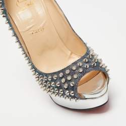 Pre Owned Christian Louboutin Two Tone Lurex Fabric Lady Peep Spikes Pumps Size 40.5