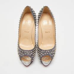 Pre Owned Christian Louboutin Two Tone Lurex Fabric Lady Peep Spikes Pumps Size 40.5