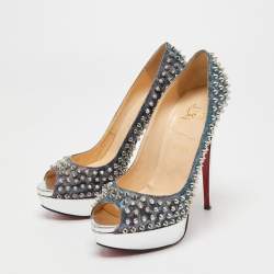 Pre Owned Christian Louboutin Two Tone Lurex Fabric Lady Peep Spikes Pumps Size 40.5
