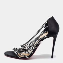 Pre Owned Christian Louboutin Black Satin Strass Norina Sandals Size 38.5
