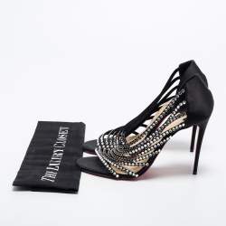 Pre Owned Christian Louboutin Black Satin Strass Norina Sandals Size 38.5